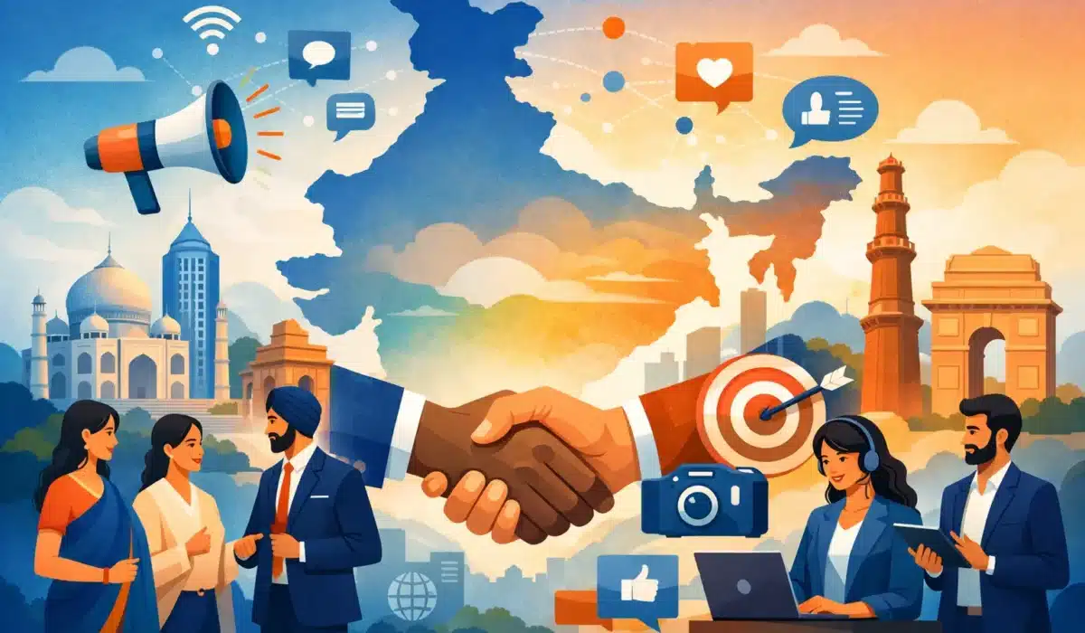 Public Relations in India – illustration of diverse professionals shaking hands with Indian landmarks, social media icons, and communication symbols representing trust, reputation and brand growth.