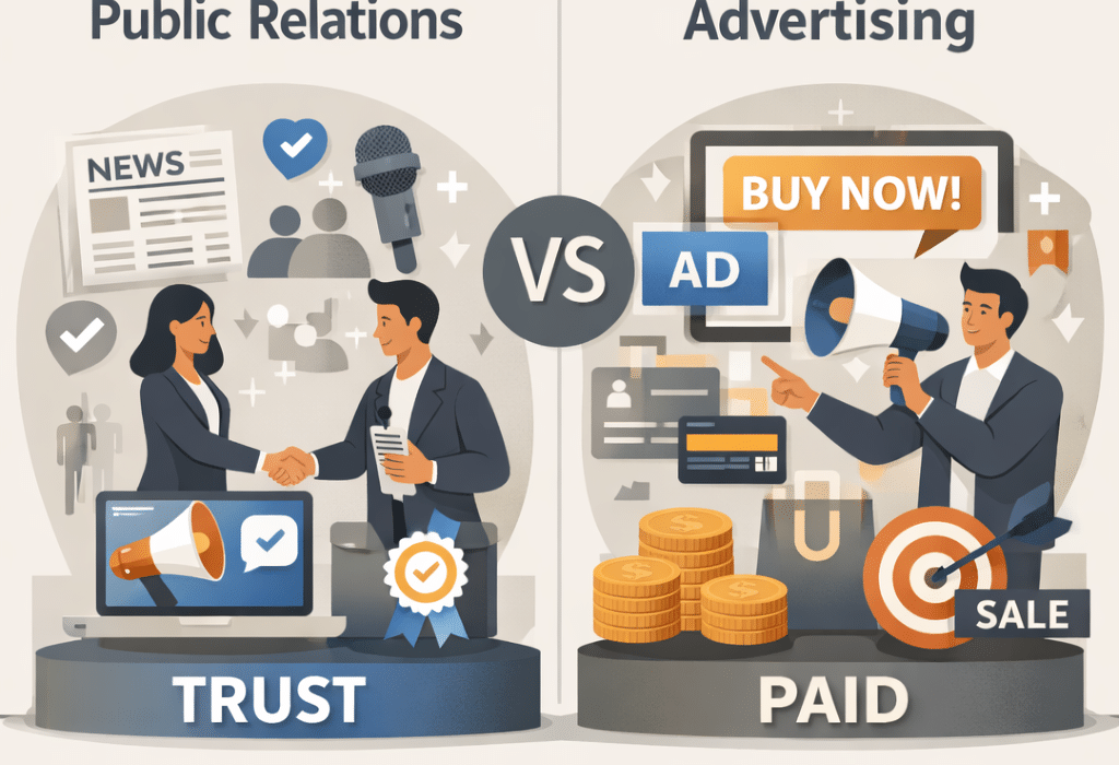 Public relations and advertising difference shown through trust-based PR and paid advertising graphics