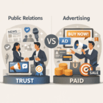 Public relations and advertising difference shown through trust-based PR and paid advertising graphics
